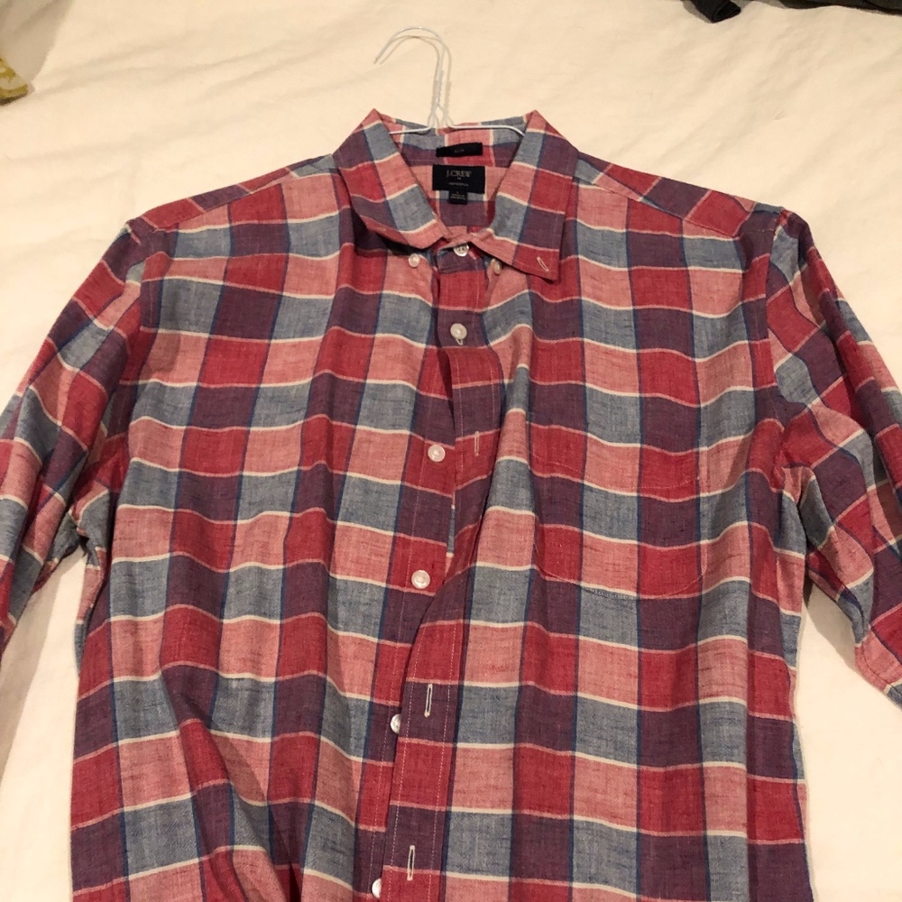 Light Red and Blue J Crew Plaid Shirt Mens Size L